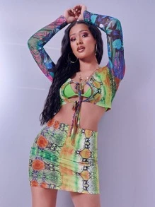 SHEIN Unity Tie Front Snakeskin & Tropical Crop Top Without Bra - Multicolor - View 5