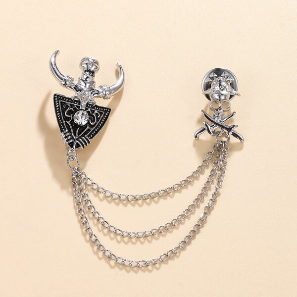 

Skull Detail Chain Brooch, Silver