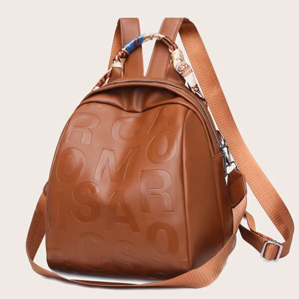 

Twilly Scarf Decor Letter Graphic Backpack, Brown