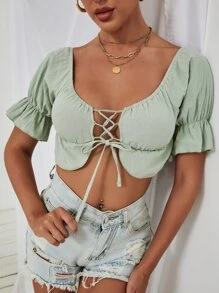 SHEIN VCAY 荷葉邊袖繫帶女僕風上衣 - 薄荷綠 - 查看 1
