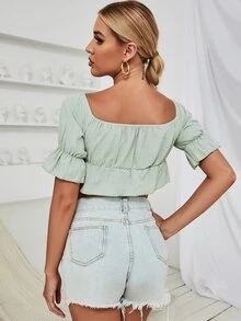 SHEIN VCAY 荷葉邊袖繫帶女僕風上衣 - 薄荷綠 - 查看 2