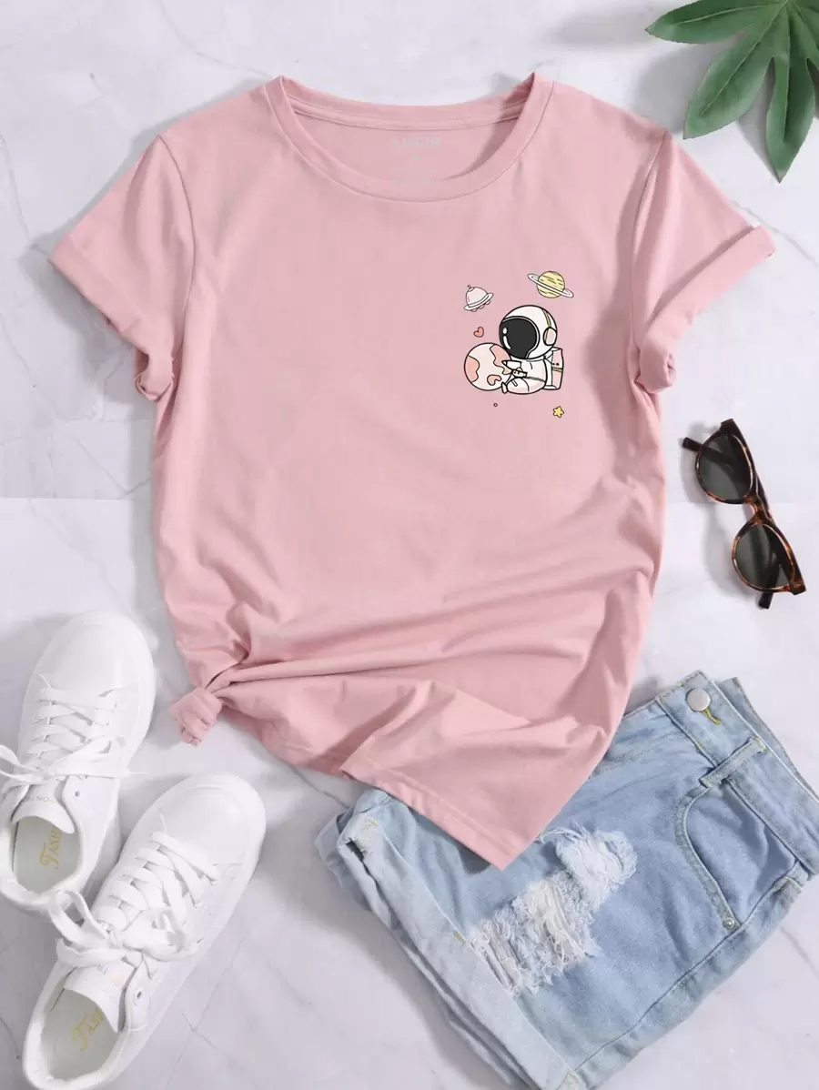 SHEIN EZwear 卡通圖案小圓領T恤 - 淺粉色 - 查看 1