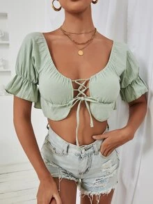 SHEIN VCAY 荷葉邊袖繫帶女僕風上衣 - 薄荷綠 - 查看 4