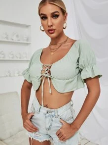 SHEIN VCAY 荷葉邊袖繫帶女僕風上衣 - 薄荷綠 - 查看 5