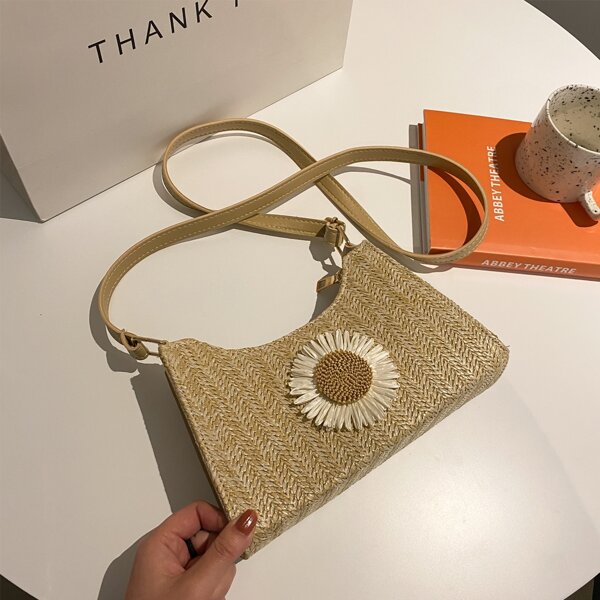

Floral Decor Straw Bag, Khaki
