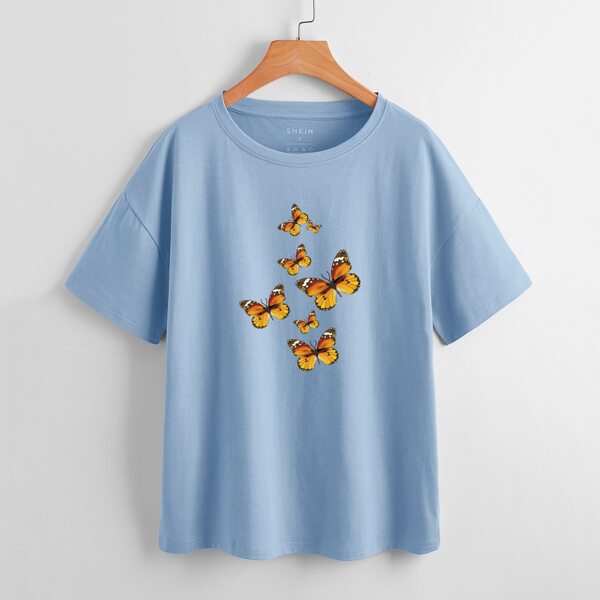 

Butterfly Print Drop Shoulder Tee, Baby blue