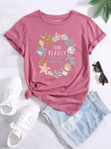SHEIN LUNE Camiseta con estampado de slogan y dibujo - Rosa - Ver 1
