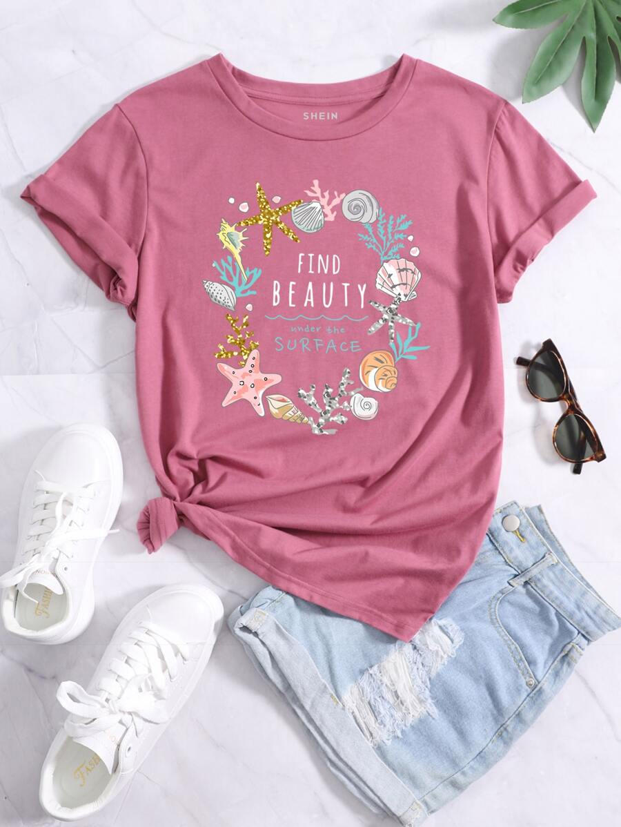 SHEIN LUNE Camiseta con estampado de slogan y dibujo - Rosa - Ver 1