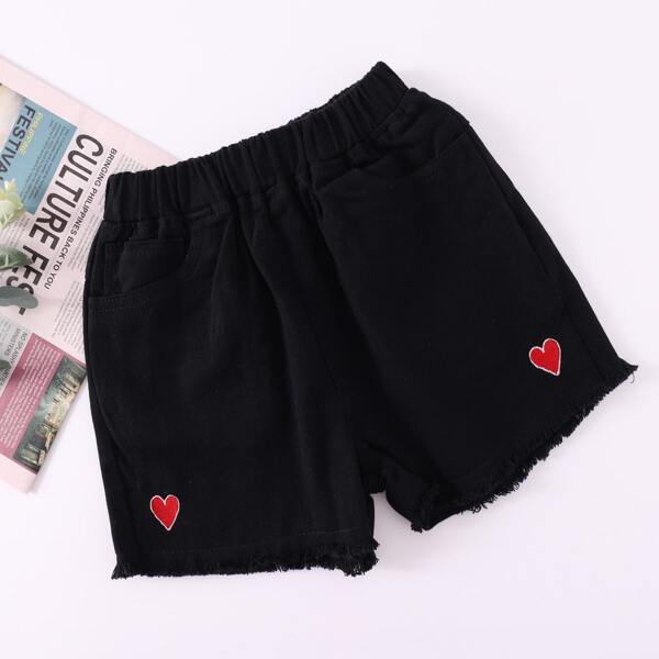 

Toddler Girls Heart Embroidery Raw Hem Denim Shorts, Black