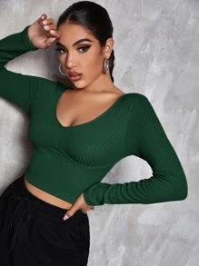 SHEIN Privé v領素色合身短版T恤 - 墨綠色 - 查看 1