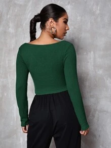 SHEIN Privé v領素色合身短版T恤 - 墨綠色 - 查看 2