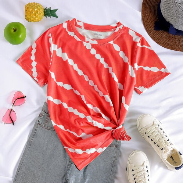 

Irregular Striped Short Sleeve Tee, Red