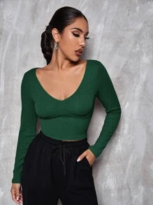 SHEIN Privé v領素色合身短版T恤 - 墨綠色 - 查看 3