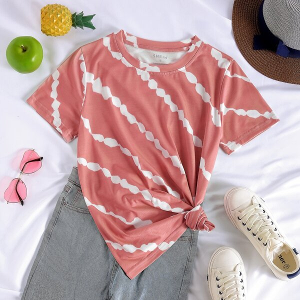 

Irregular Striped Short Sleeve Tee, Coral pink