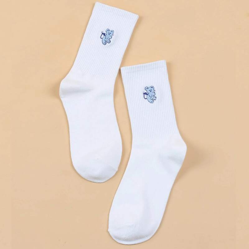 

1pair Bear Embroidery Crew Socks, White