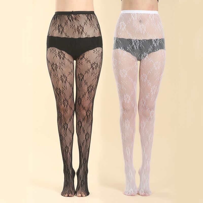 

2pairs Flower Pattern Tights, Black and white