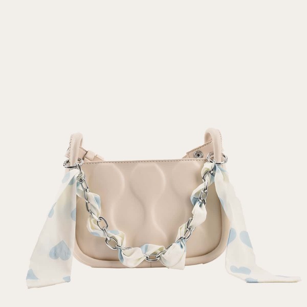 

Twilly Scarf Decor Chain Satchel Bag, Beige