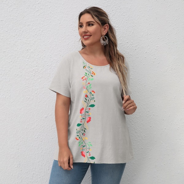 

Plus Floral Scoop Neck Blouse, Grey