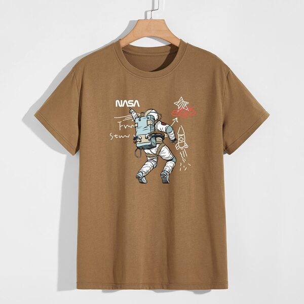

Men Letter & Cartoon Astronaut Print Tee, Brown