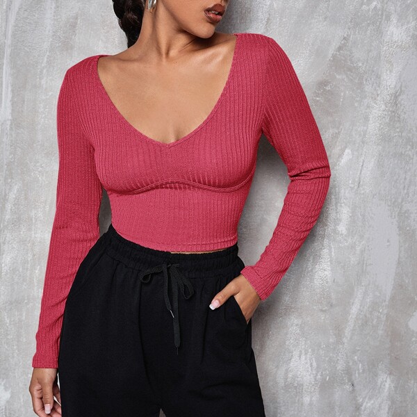

V Neck Solid Fitted Crop Tee, Watermelon pink
