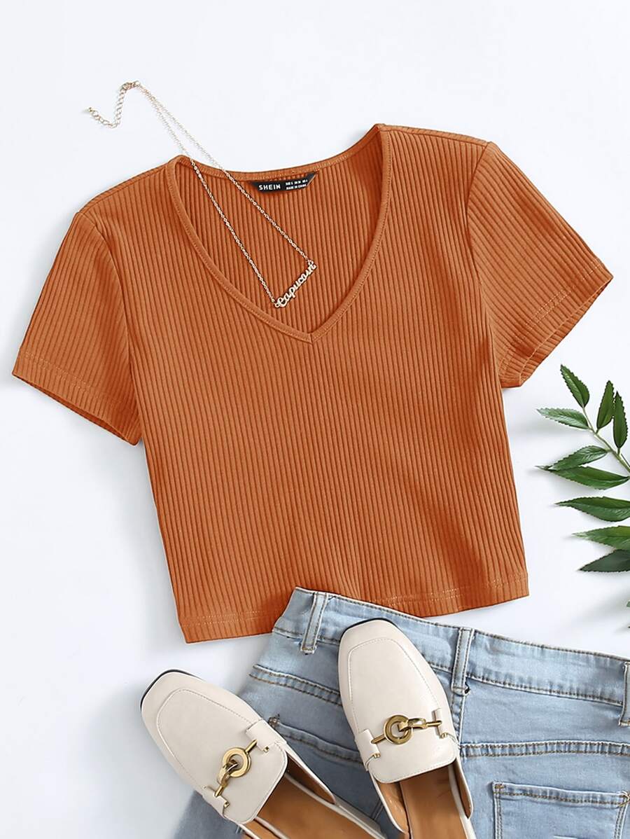 SHEIN EZwear V-Neck Rib-knit Top - Burnt Orange - View 1