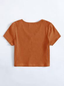 SHEIN EZwear V-Neck Rib-knit Top - Burnt Orange - View 2