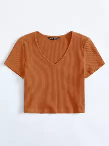 SHEIN EZwear V-Neck Rib-knit Top - Burnt Orange - View 3
