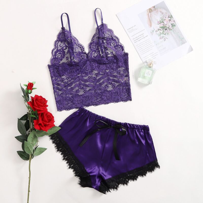 

Contrast Lace Satin Lingerie Set, Purple