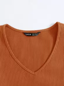 SHEIN EZwear V-Neck Rib-knit Top - Burnt Orange - View 4