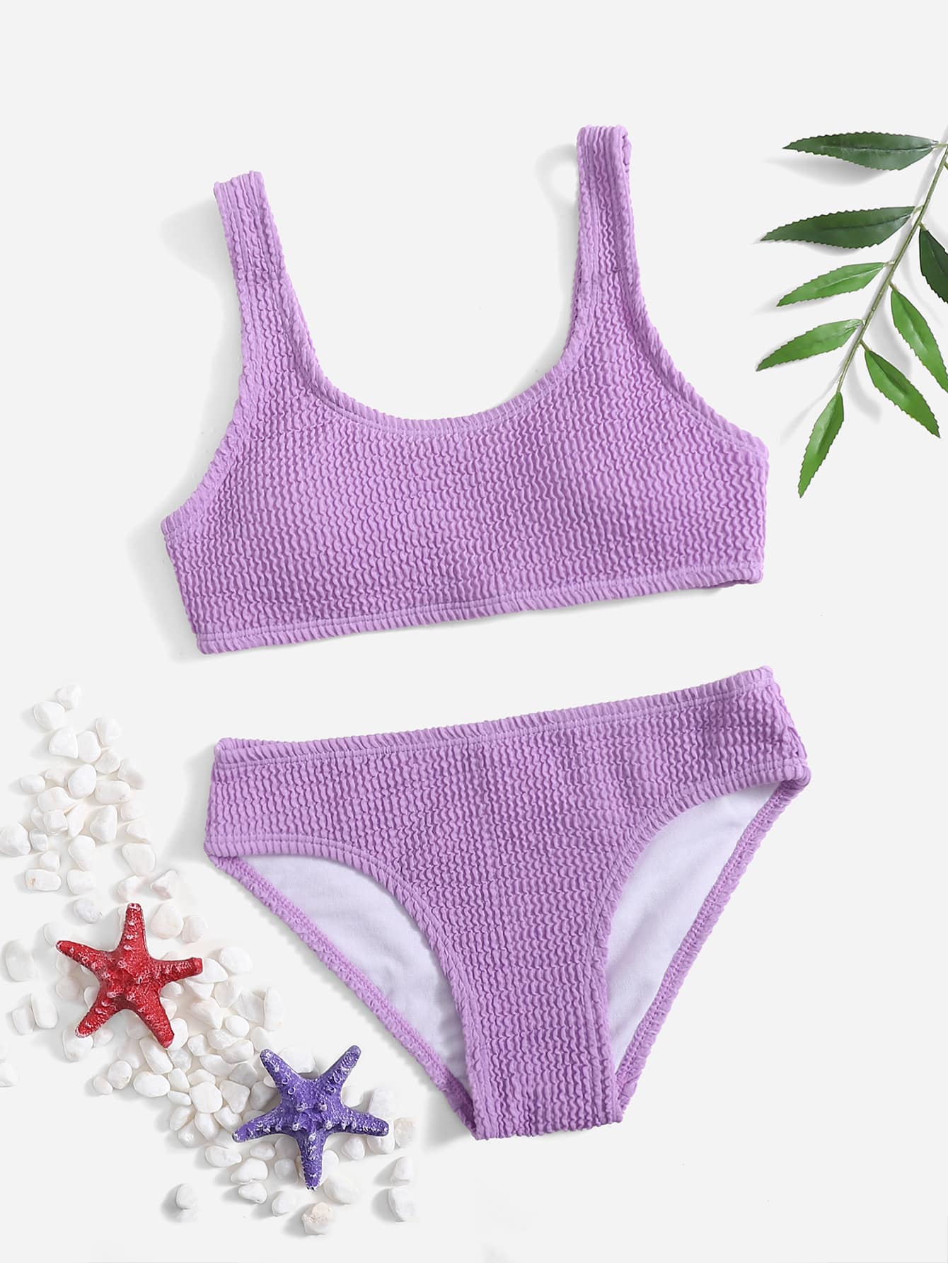 Conjunto de bikini texturizado liso para niña preadolescente en la playa de verano - Morado - Ver 1