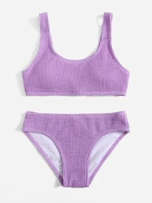 Conjunto de bikini texturizado liso para niña preadolescente en la playa de verano - Morado - Ver 3