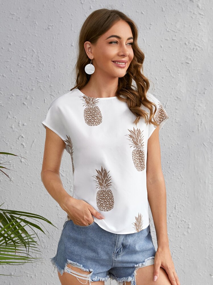 SHEIN VCAY Cut-out Twist Back Pineapple Top - White - View 2