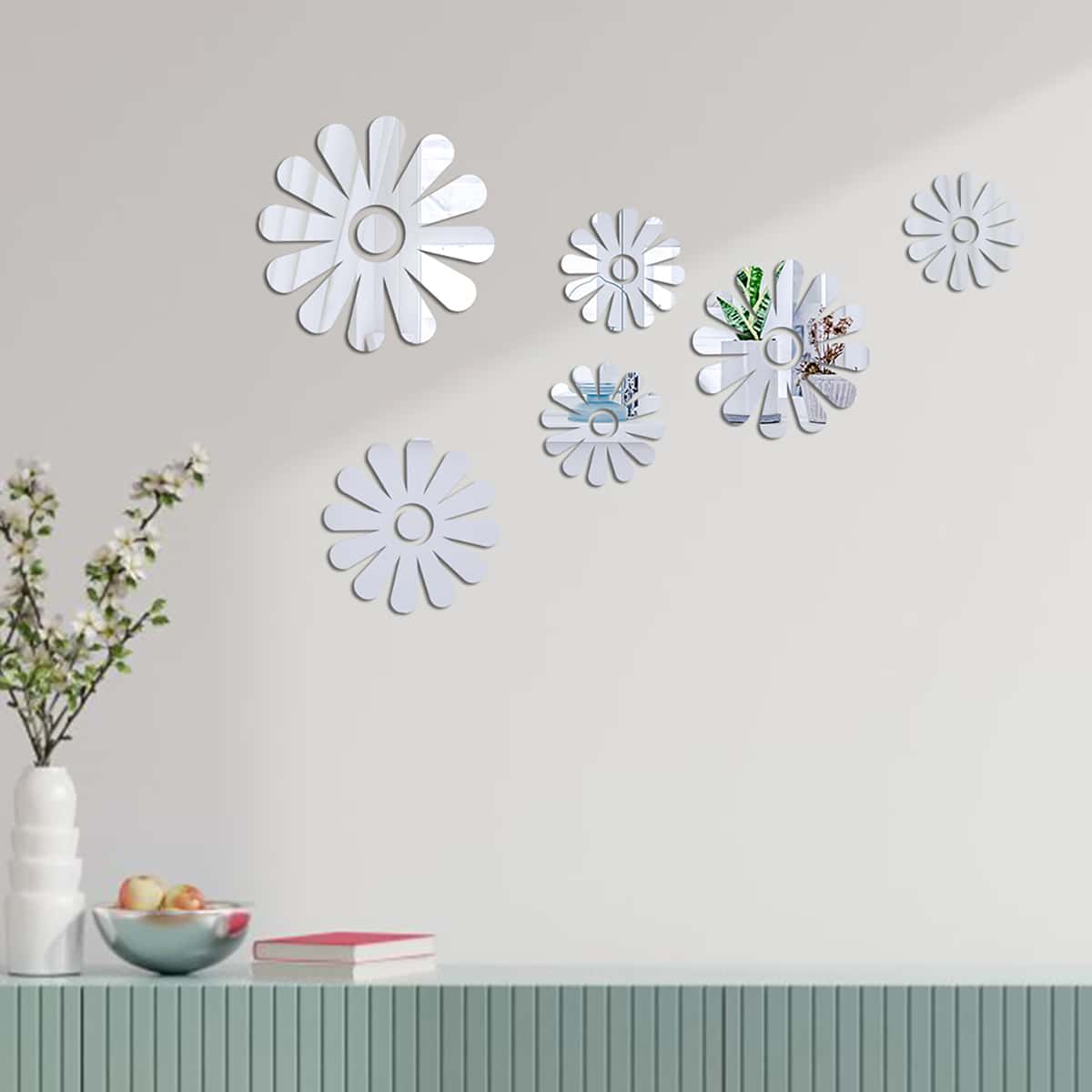 

5pcs Flower Shaped Mirror Surface Wall Sticker, Silver