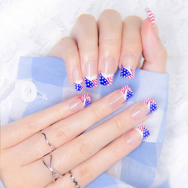 

24pcs American Flag Fake Nail & 1sheet Tape & 1pc Nail File, Multicolor