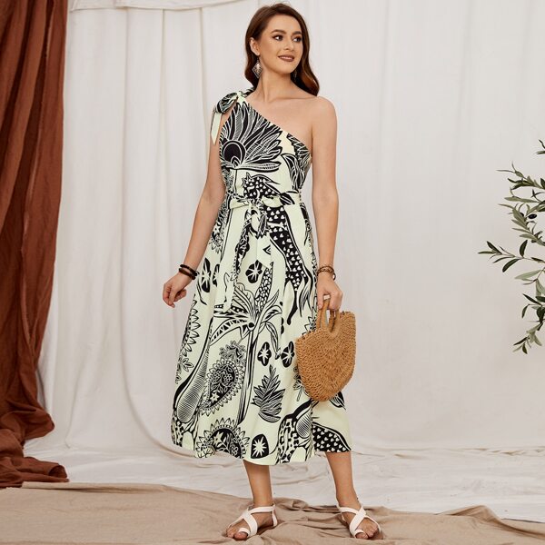 

One Shoulder Tie Front A-line Dress, Multicolor