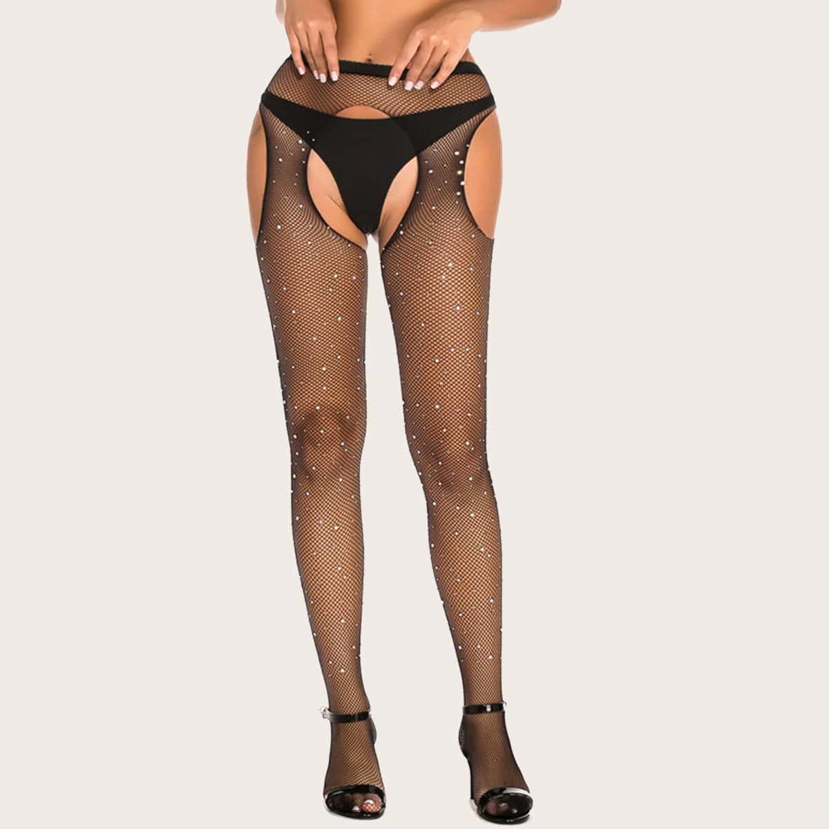 

Rhinestone Decor Tights, Black