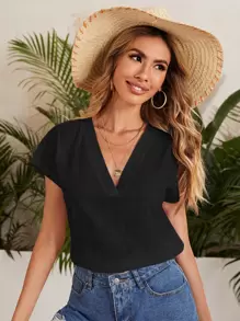 SHEIN LUNE Top unicolor de manga murciélago - Negro - Ver 1
