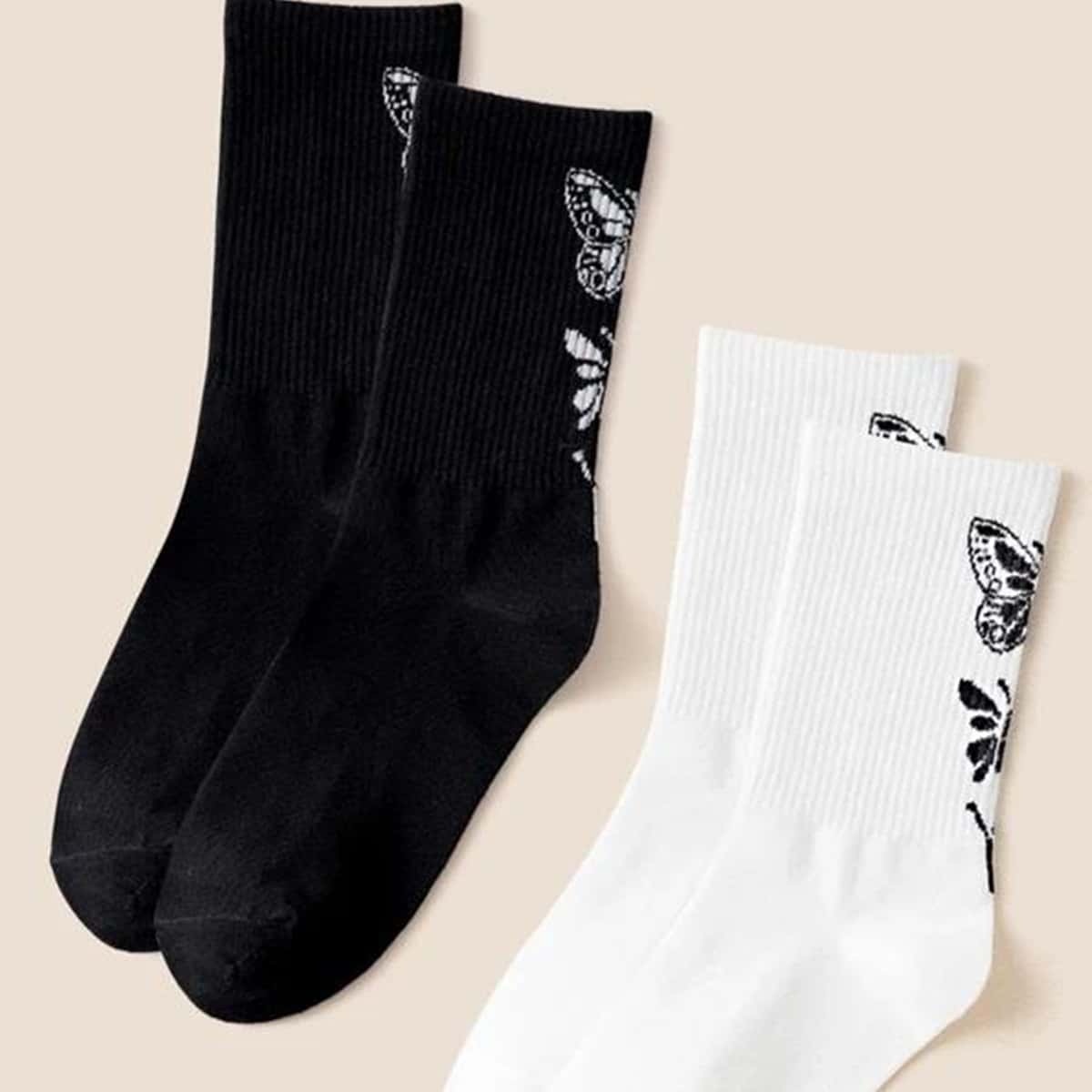 

2pairs Butterfly Graphic Crew Socks, Black and white