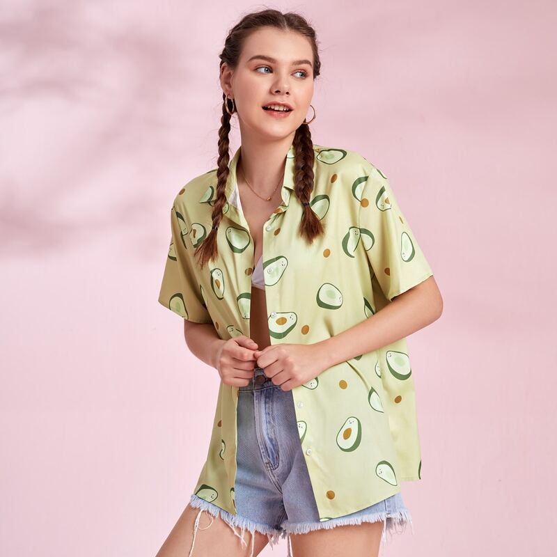 

Fruit Print Button Front Blouse, Multicolor