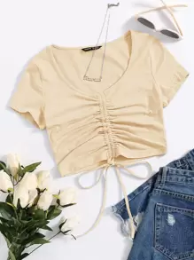 SHEIN Qutie Solid Drawstring Ruched Tee - Apricot - View 1