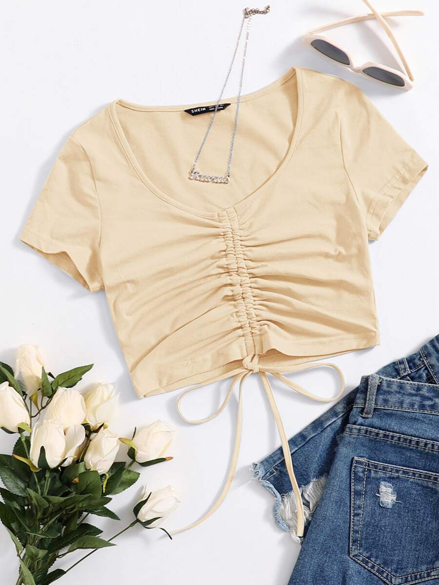 SHEIN Qutie Solid Drawstring Ruched Tee - Apricot - View 1