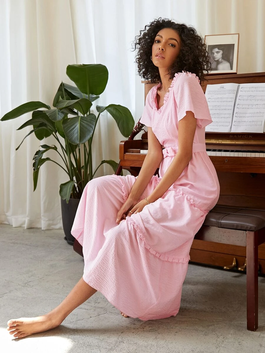 褶邊蝴蝶結連衣裙 - 淺粉色 - 查看 1