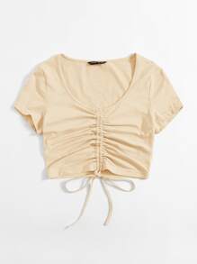 SHEIN Qutie Solid Drawstring Ruched Tee - Apricot - View 4