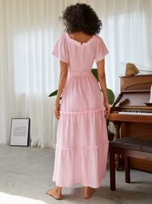 褶邊蝴蝶結連衣裙 - 淺粉色 - 查看 2