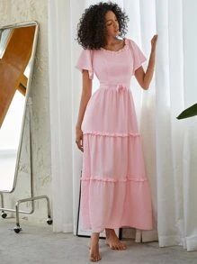 褶邊蝴蝶結連衣裙 - 淺粉色 - 查看 5