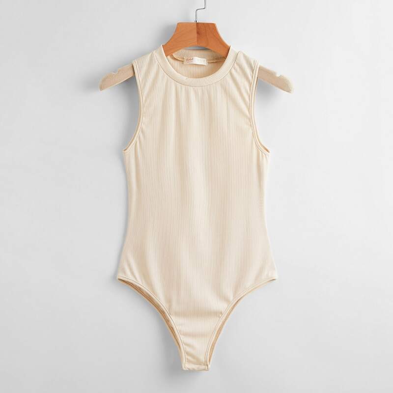 

Solid Ribbed Tank Bodysuit, Beige
