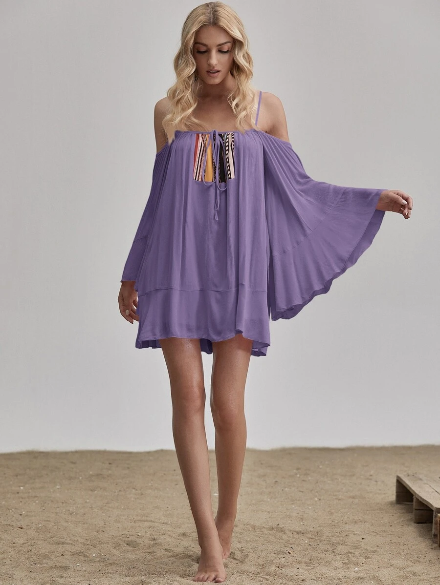 Cold Shoulder Tie Front Bell Sleeve Dress - Dusty Purple - View 1