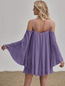 Cold Shoulder Tie Front Bell Sleeve Dress - Dusty Purple - View 2