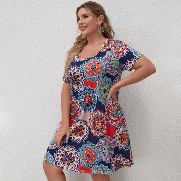 

Plus Floral Print Tee Dress, Multicolor