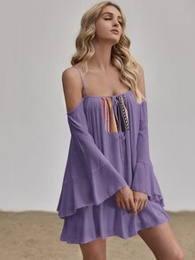 Cold Shoulder Tie Front Bell Sleeve Dress - Dusty Purple - View 4
